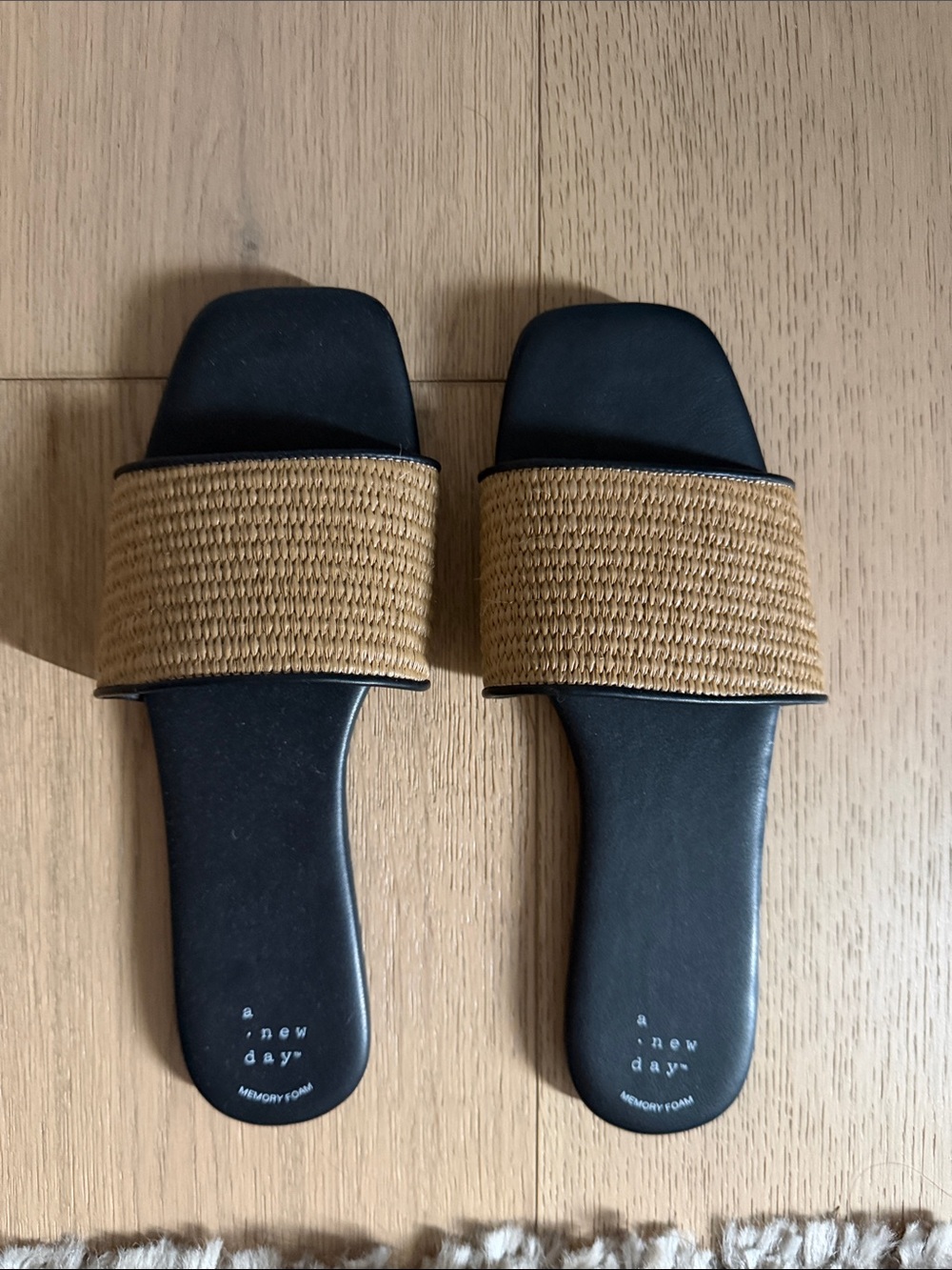 a new day Black Footbed Tan Woven Band Slide Sandals